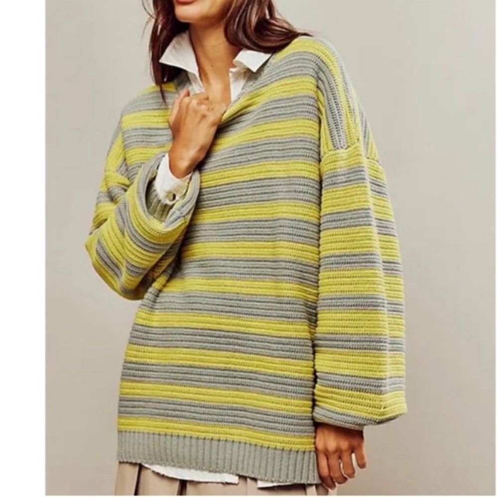 Free People Links Sweater M Crewneck Knit Oversized Striped Slouchy Heavy Boho